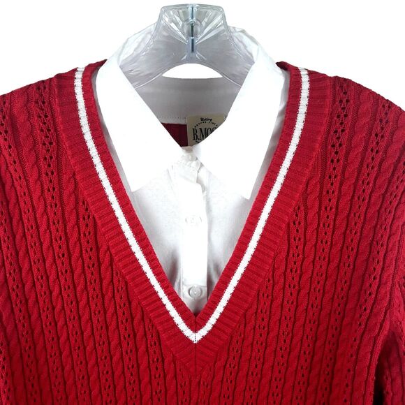 B MOSS Sweater  Attached Collar Women Large Red White Long Sleeves - Picture 3 of 11